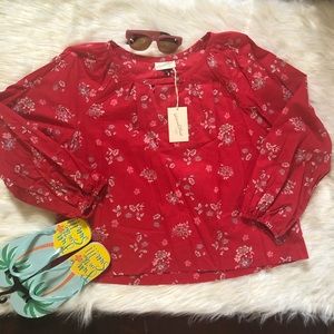 Boho Tunic Floral Print Red Keyhole Sz.S Loose